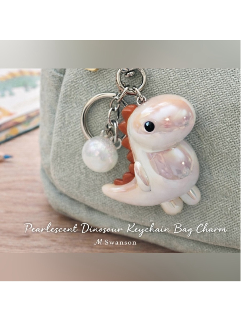 Pearl White Dinosaur Keychain Bag Charm Acrylic